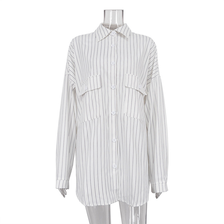 Stripe Long Sleeve Pocket Blouses