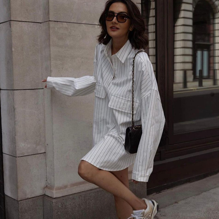 Stripe Long Sleeve Pocket Blouses