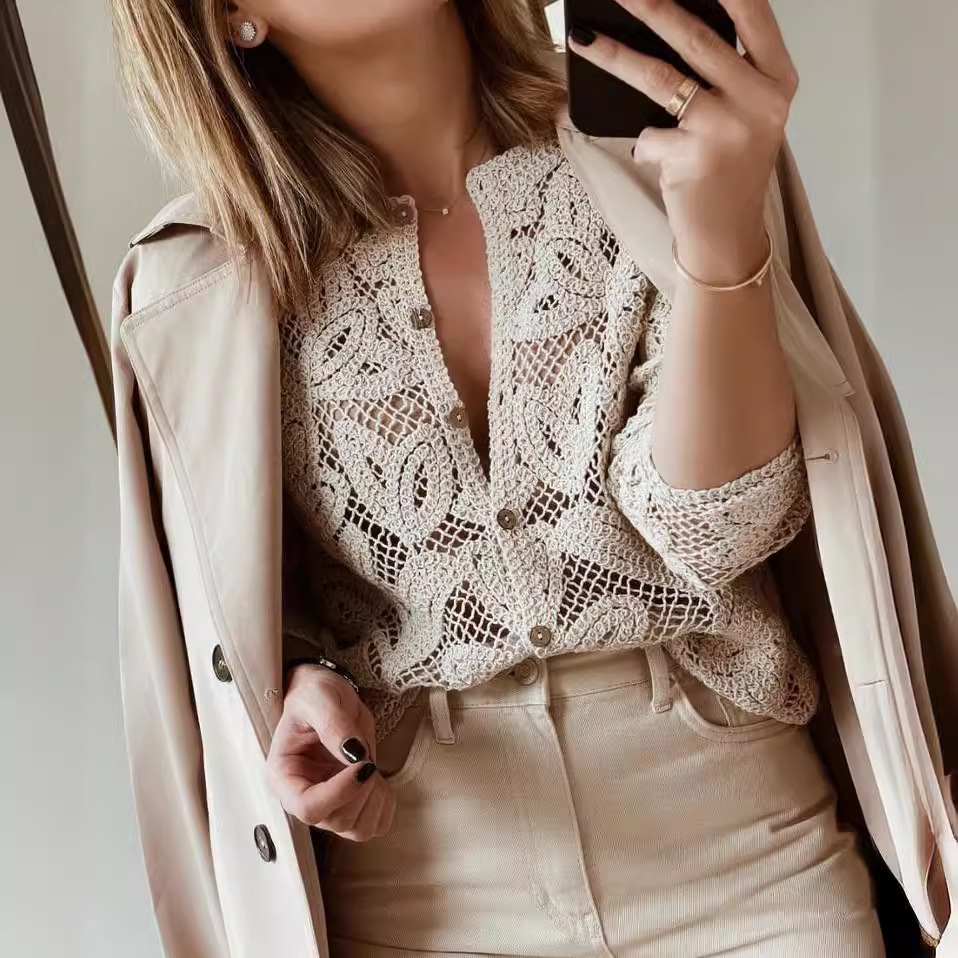 Solid Color Long Sleeve Hollow Out Blouses