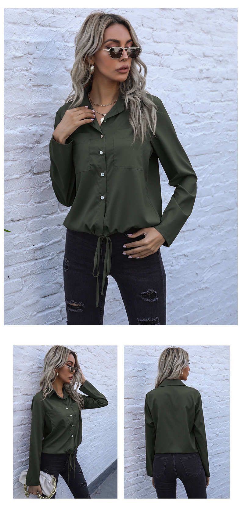 Long Sleeve Solid Color Cardigan Shirt Lace-up