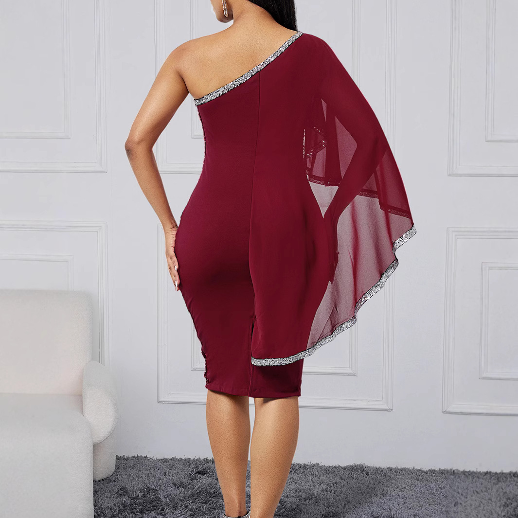 Banquet Adult Ceremony One-shoulder Style Sleeveless Sequin Dress