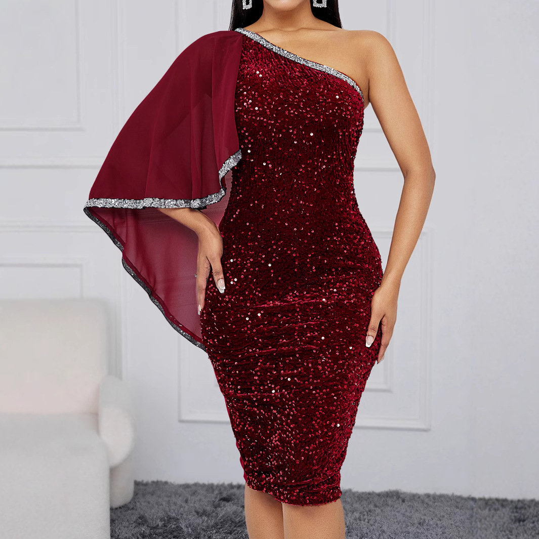 Banquet Adult Ceremony One-shoulder Style Sleeveless Sequin Dress