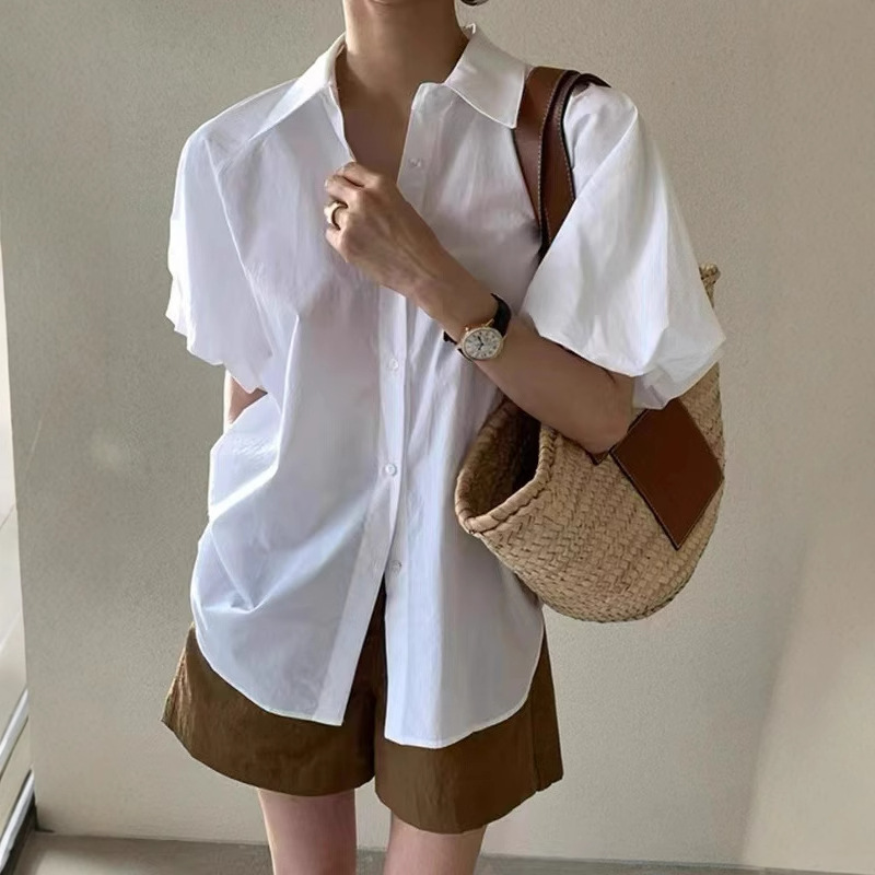 Ins Solid Color Short Sleeve Shirt Women's Summer New French Style Elegant Simple Basic Lantern Sleeve Loose Shirt Ins Solid Color Short Sleeve Shirt Women's Summer New French Style Elegant Simple Ba