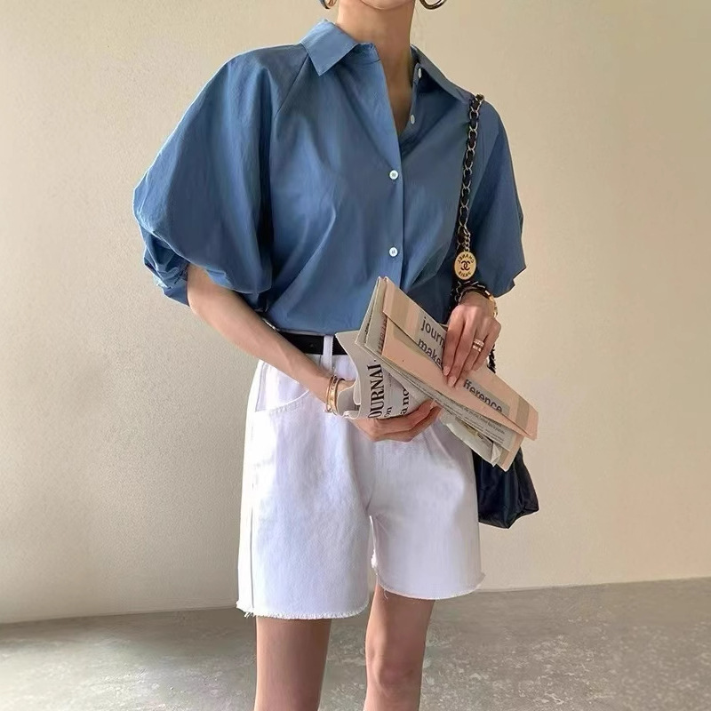 Ins Solid Color Short Sleeve Shirt Women's Summer New French Style Elegant Simple Basic Lantern Sleeve Loose Shirt Ins Solid Color Short Sleeve Shirt Women's Summer New French Style Elegant Simple Ba