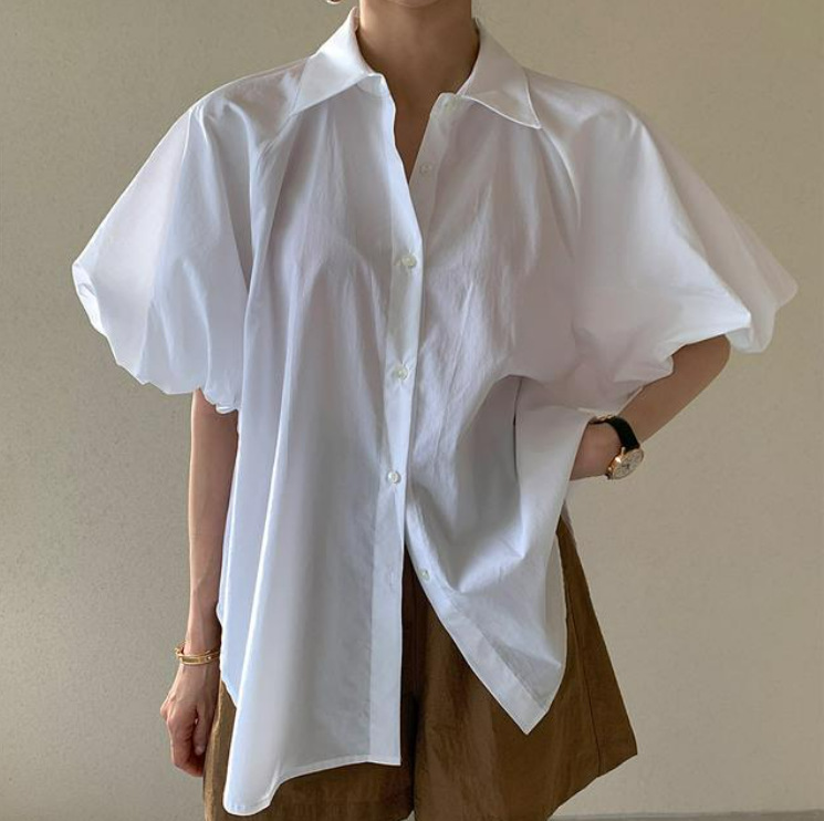 Ins Solid Color Short Sleeve Shirt Women's Summer New French Style Elegant Simple Basic Lantern Sleeve Loose Shirt Ins Solid Color Short Sleeve Shirt Women's Summer New French Style Elegant Simple Ba