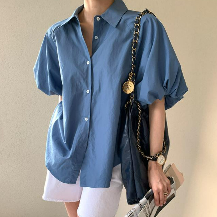 Ins Solid Color Short Sleeve Shirt Women's Summer New French Style Elegant Simple Basic Lantern Sleeve Loose Shirt Ins Solid Color Short Sleeve Shirt Women's Summer New French Style Elegant Simple Ba