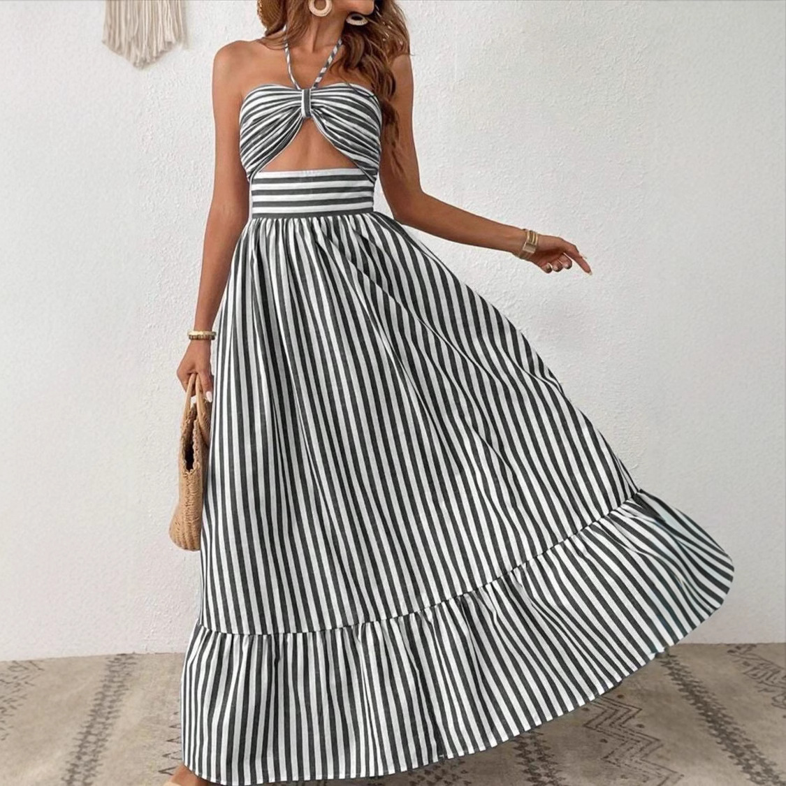 Casava Striped Belted Sleeveless Long Dress
