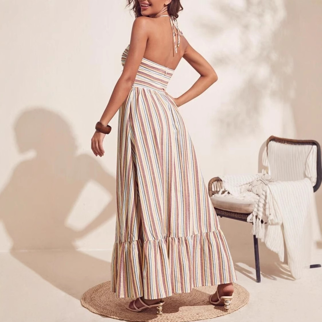Casava Striped Belted Sleeveless Long Dress