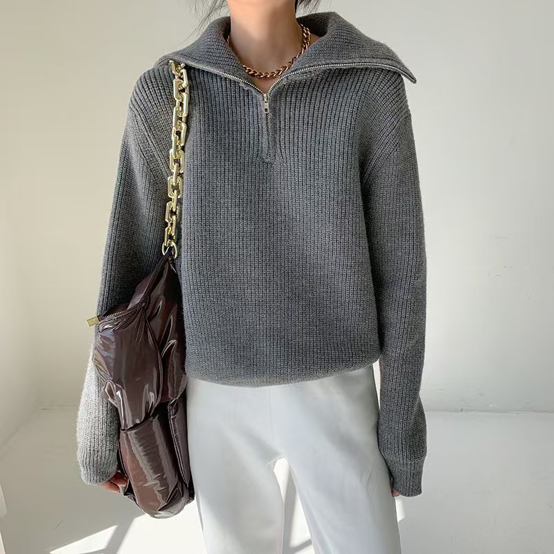 Loose Women's Zipper Collar Solid Color Knitted