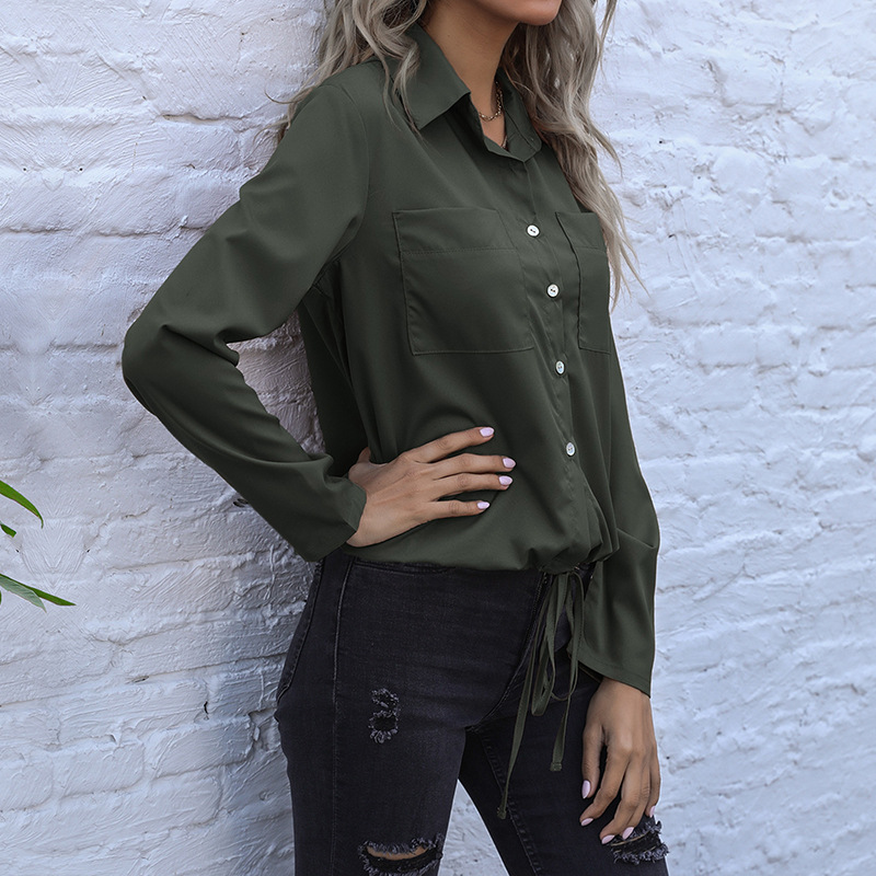 Long Sleeve Solid Color Cardigan Shirt Lace-up