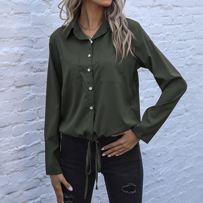 Long Sleeve Solid Color Cardigan Shirt Lace-up