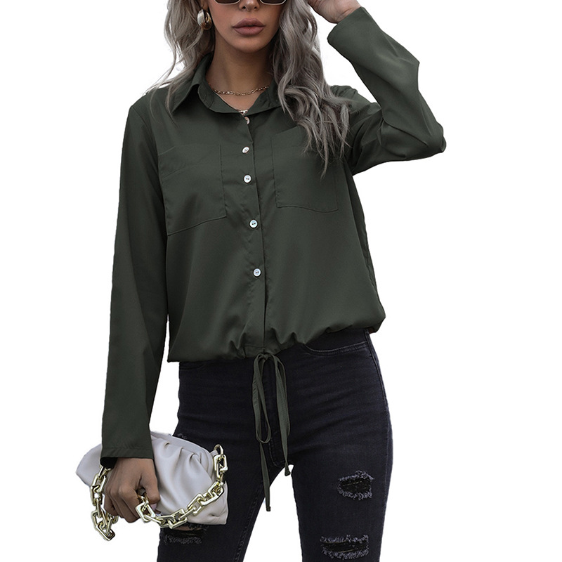 Long Sleeve Solid Color Cardigan Shirt Lace-up