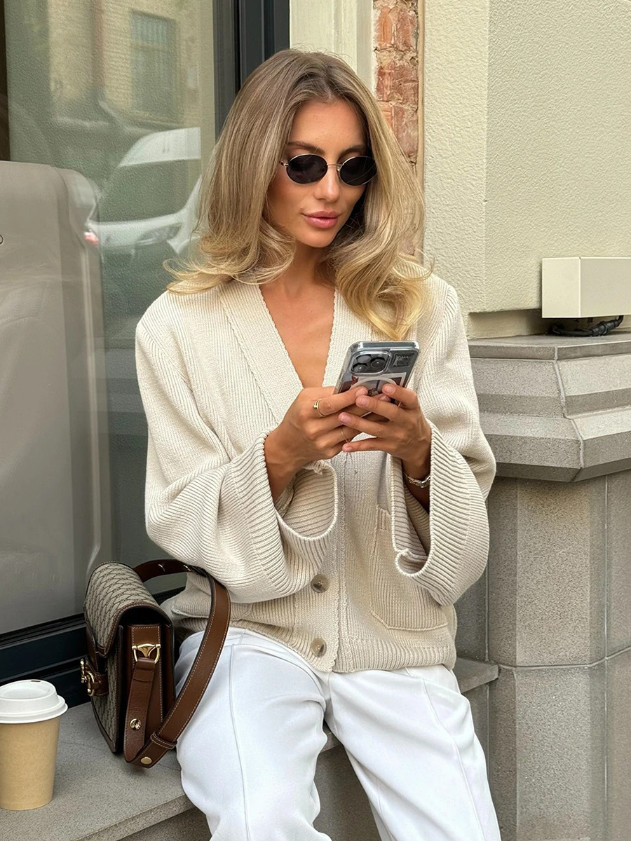 Loose Knitted Open Cardigan Sweater V-Neck