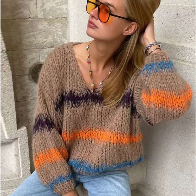 Casual Long Sleeve V-neck Women's Knitwear Mixed Color Stripe Design Loose Design