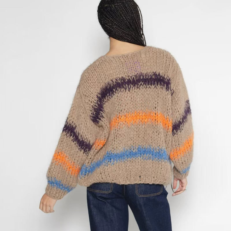 Casual Long Sleeve V-neck Women's Knitwear Mixed Color Stripe Design Loose Design