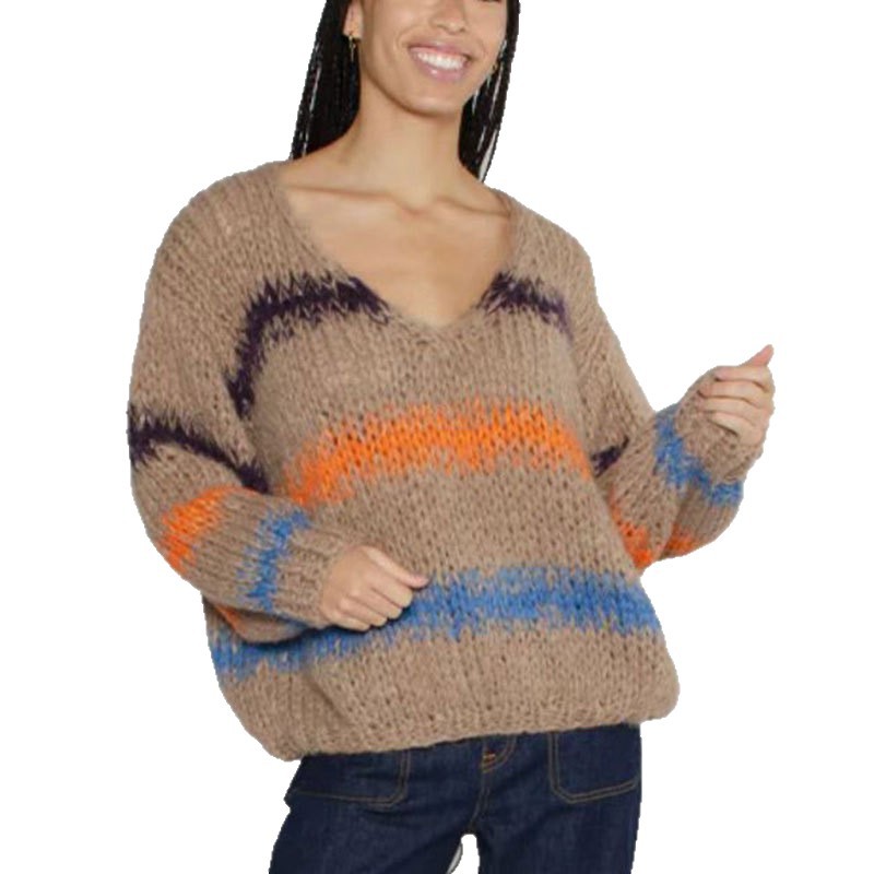 Casual Long Sleeve V-neck Women's Knitwear Mixed Color Stripe Design Loose Design