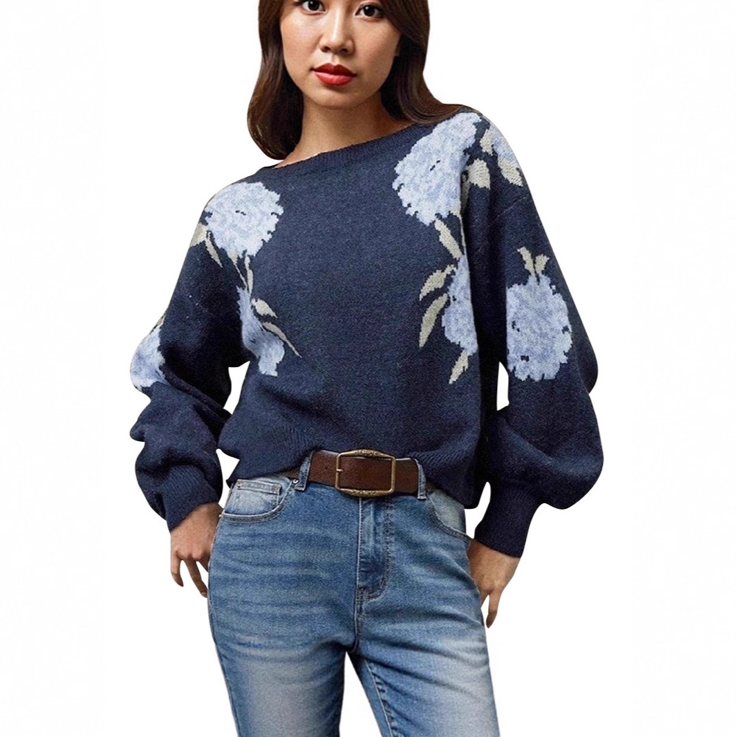 New Off-Shoulder Floral Jacquard Pullover Sweater