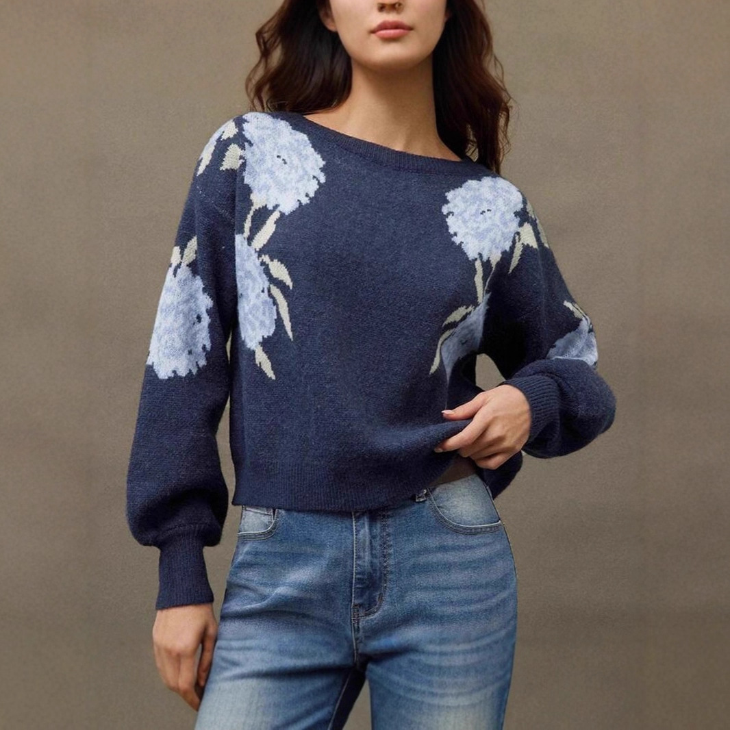 New Off-Shoulder Floral Jacquard Pullover Sweater