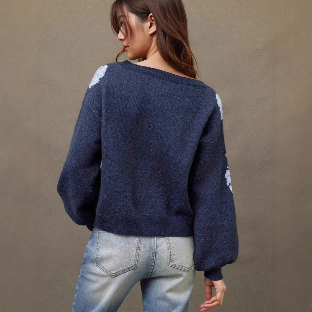 New Off-Shoulder Floral Jacquard Pullover Sweater