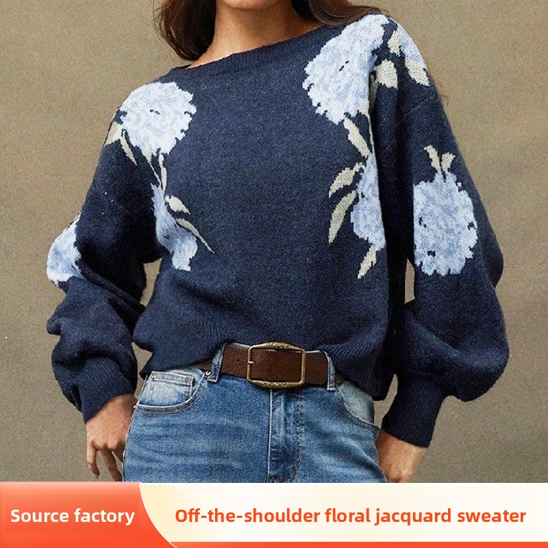 New Off-Shoulder Floral Jacquard Pullover Sweater