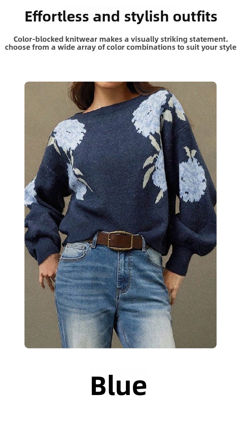 New Off-Shoulder Floral Jacquard Pullover Sweater