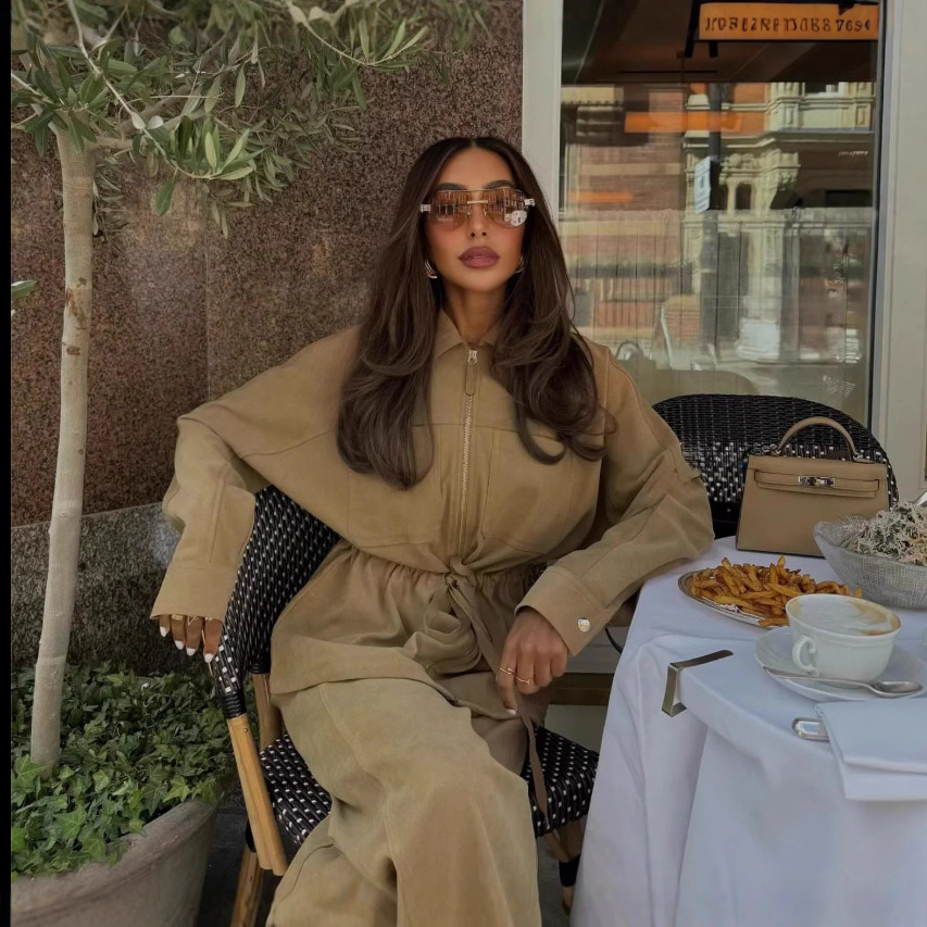 Adjustable Waist Pocket Detail Jacket And Wide Leg Pants
