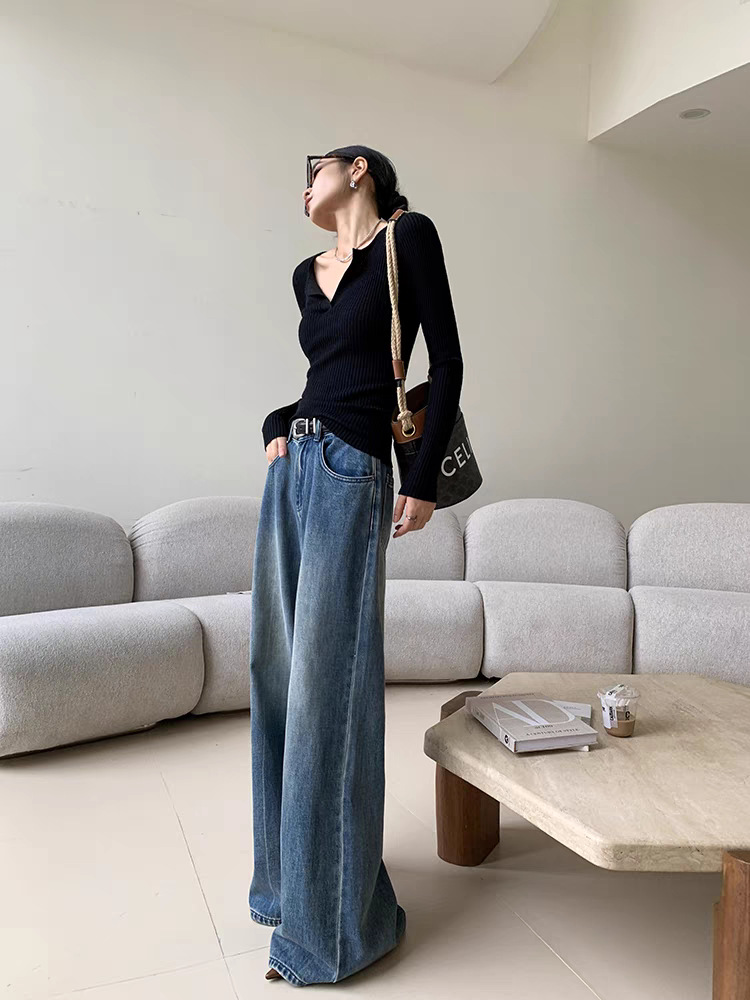Casava Blue Washed Casual Wide Leg Jeans