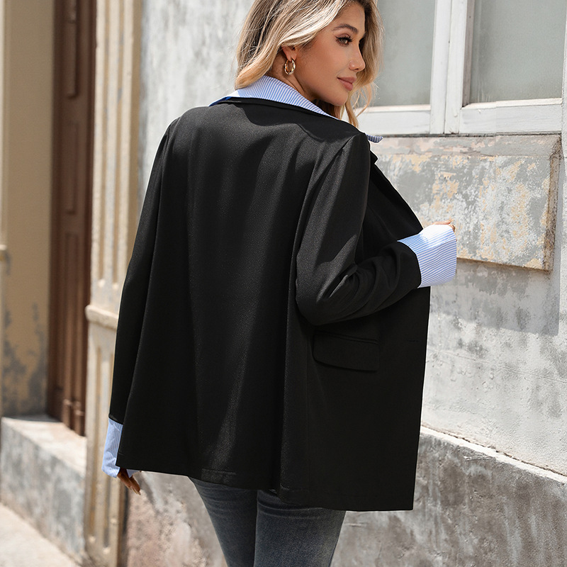 Casual Striped Shirt Patchwork Commute Style Women's Blazer Jacket Autumn
