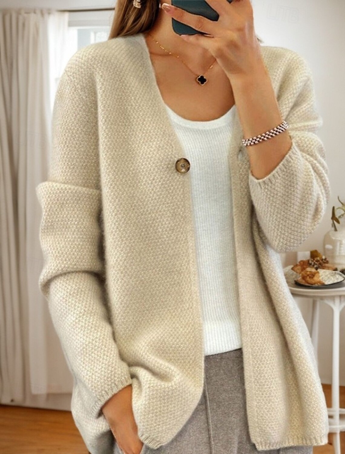V-neck Long Sleeve Knitted Open Cardigan