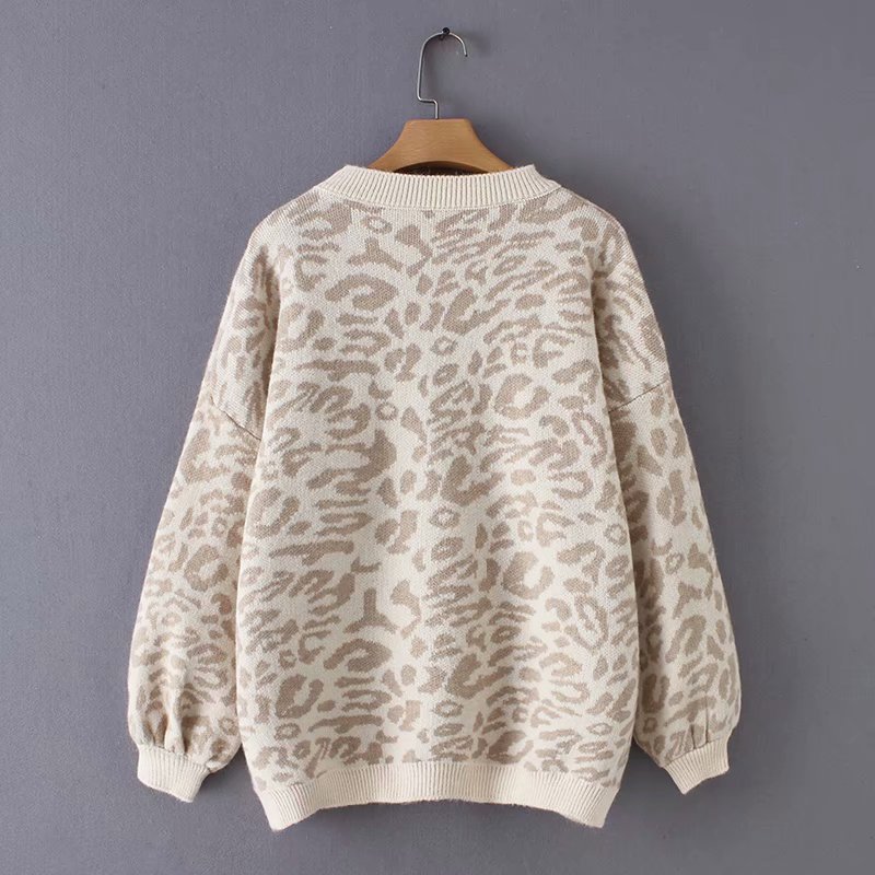 Leopard Print Lantern Sleeve Knitted Sweater