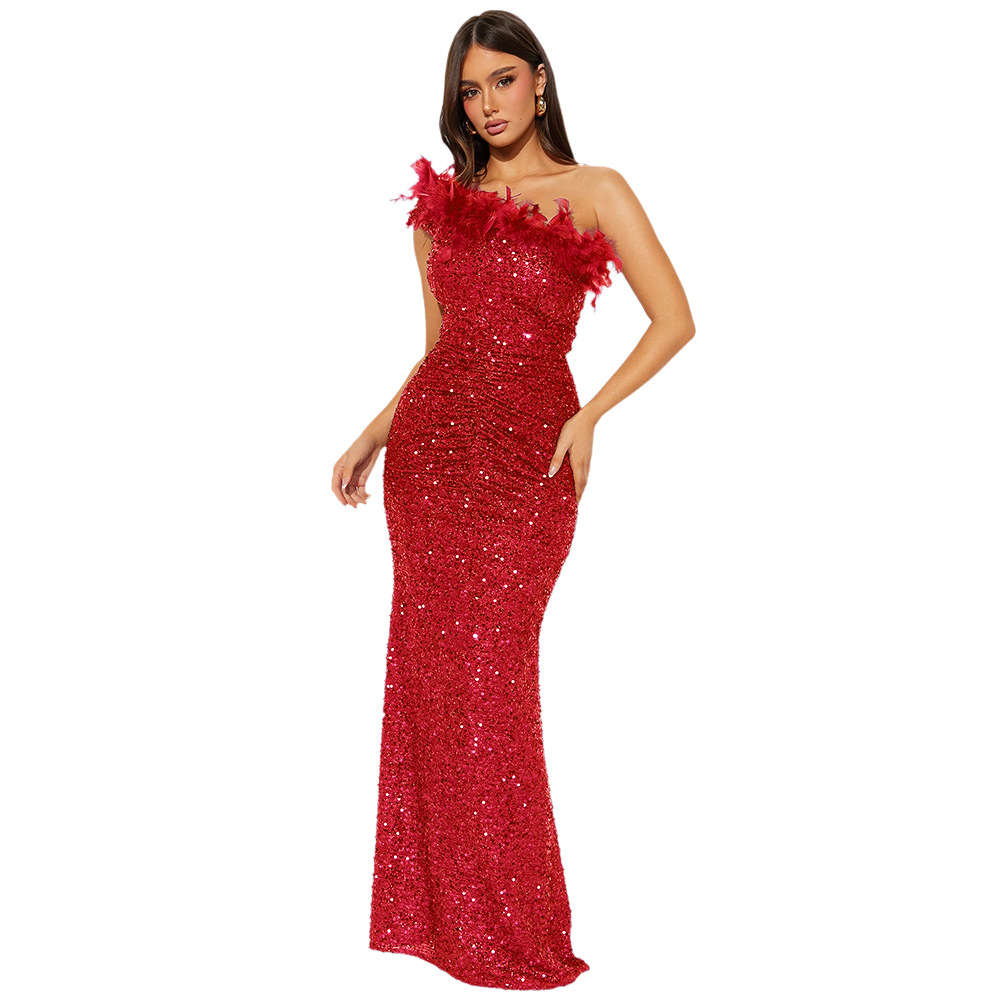Casava Feather Sequin Evening Gown