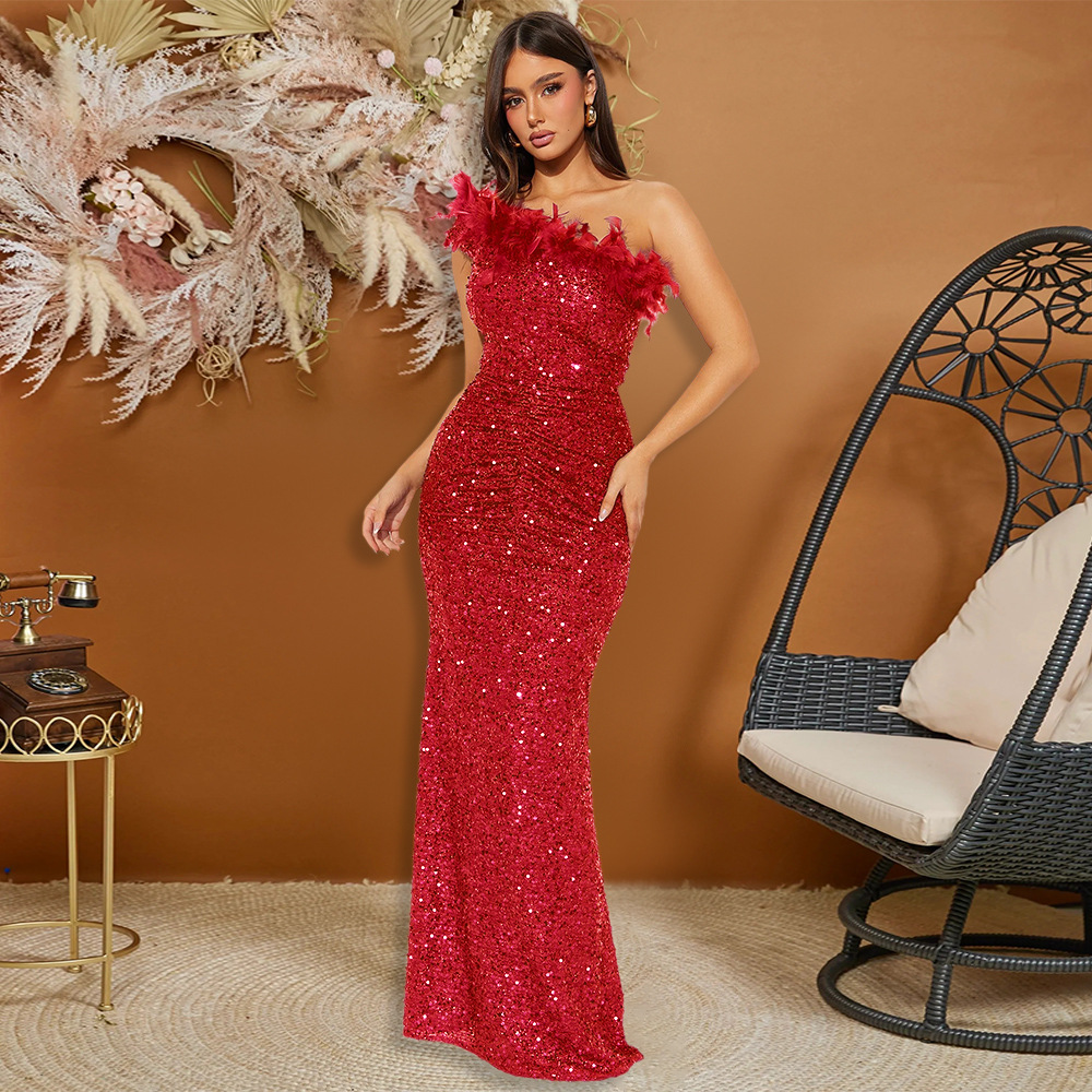 Casava Feather Sequin Evening Gown