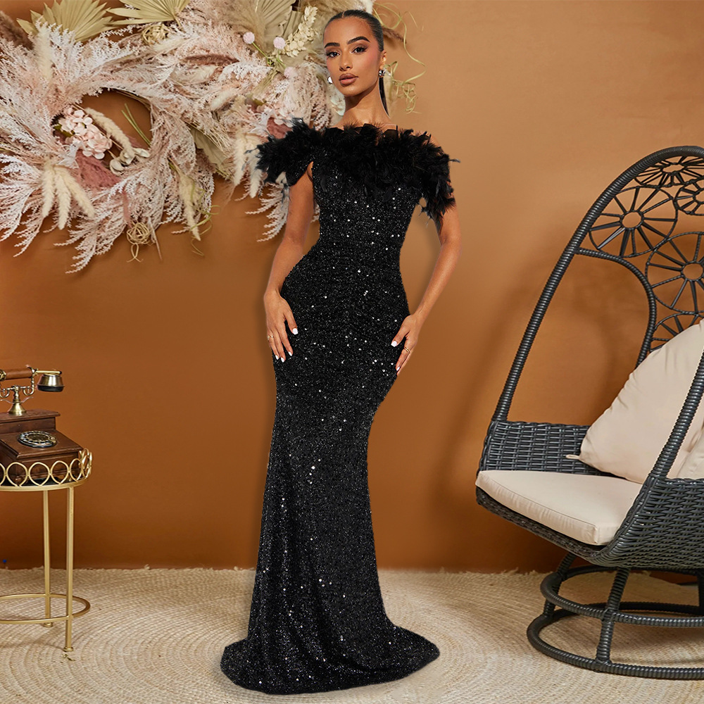 Casava Feather Sequin Evening Gown