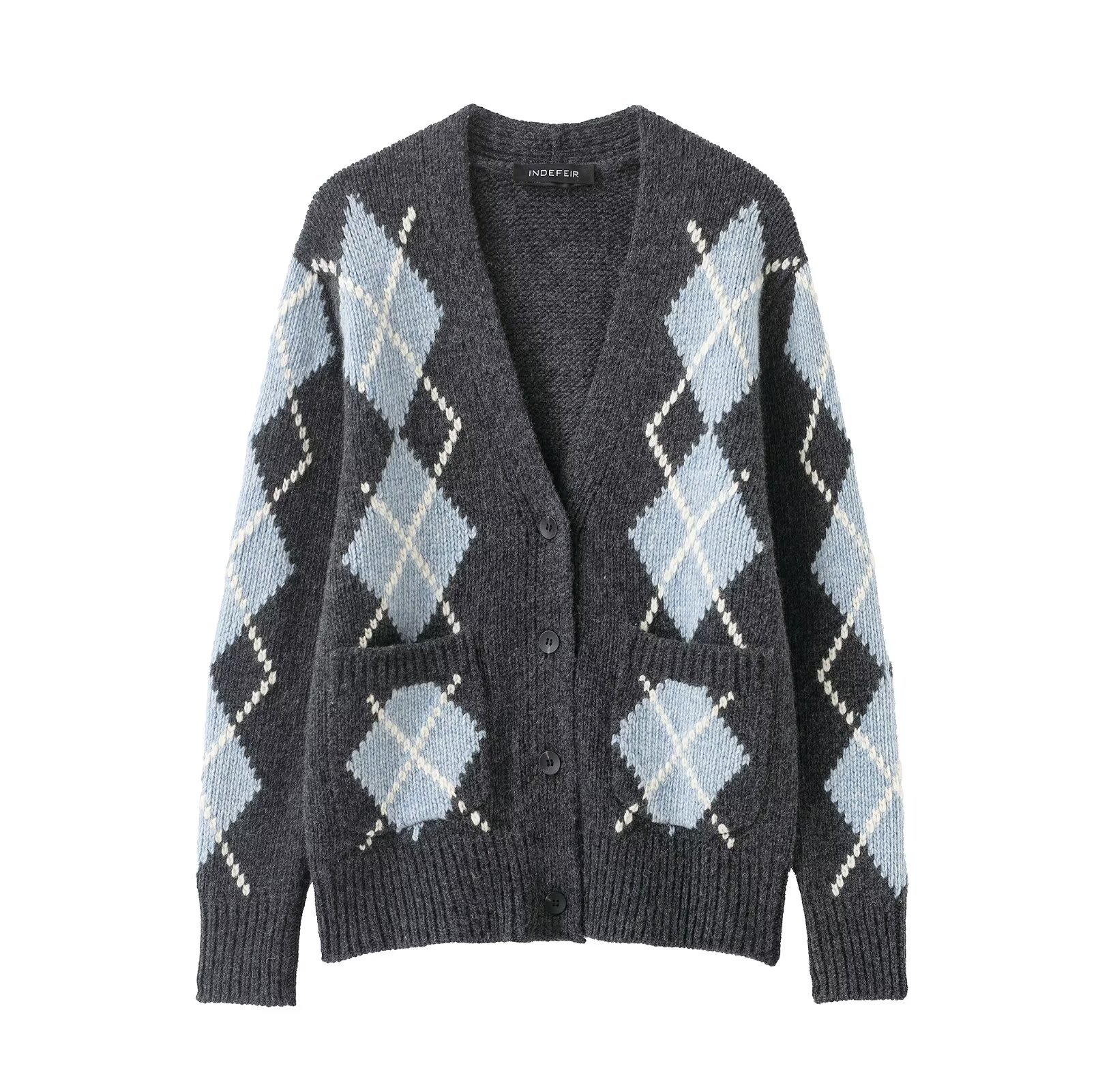 Casual Diamond Pattern Knitted Jacket Style