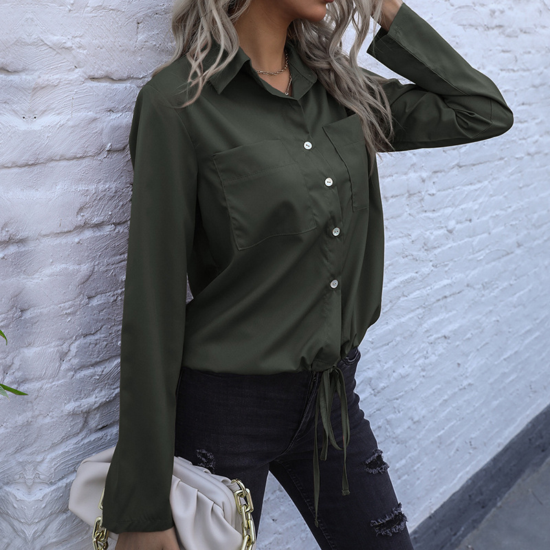 Long Sleeve Solid Color Cardigan Shirt Lace-up