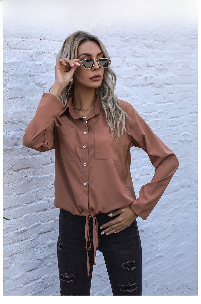 Long Sleeve Solid Color Cardigan Shirt Lace-up