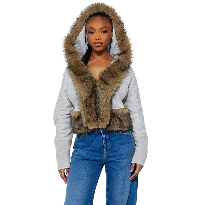 Gray Fur Collar Patchwork Sweatshirt Cardigan