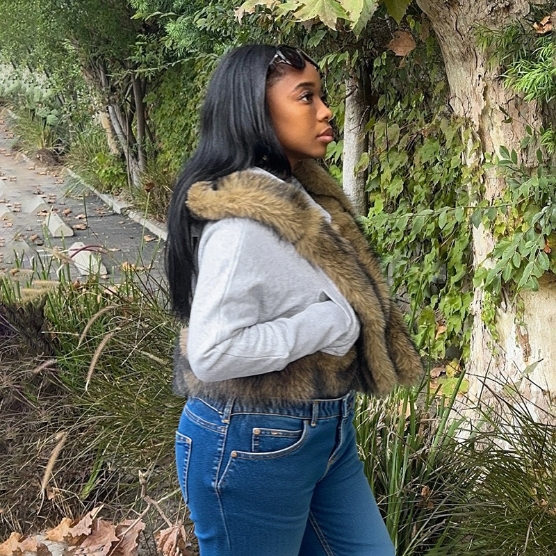 Gray Fur Collar Patchwork Sweatshirt Cardigan