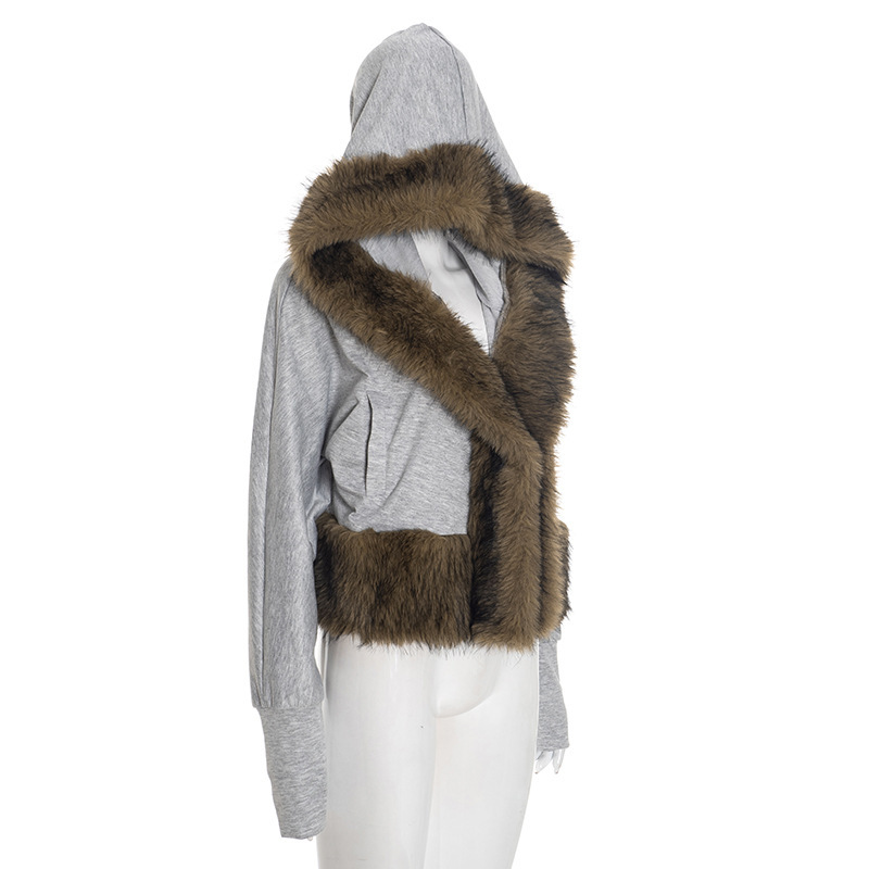 Gray Fur Collar Patchwork Sweatshirt Cardigan