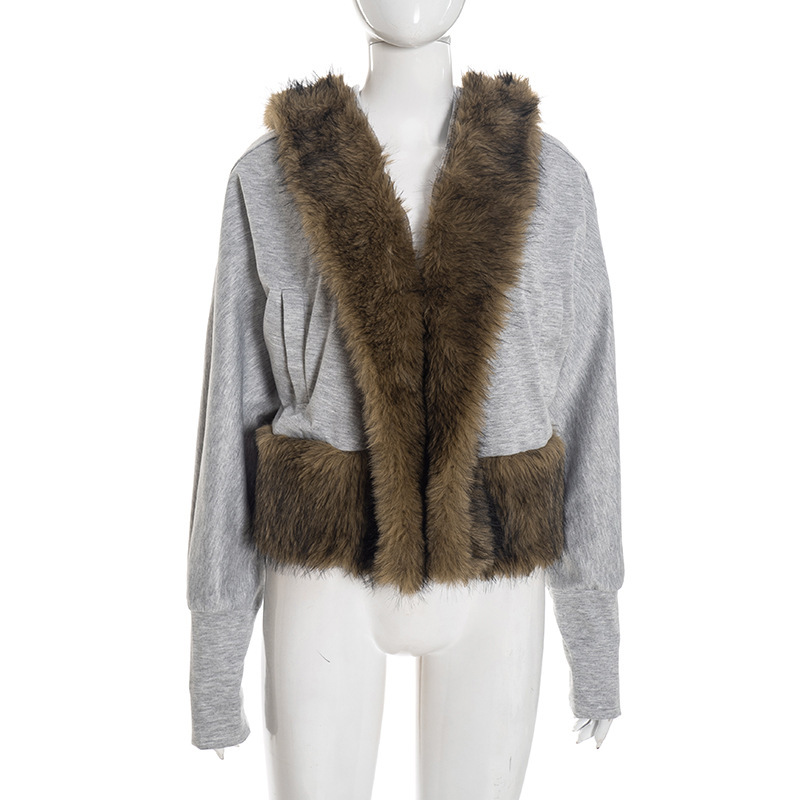 Gray Fur Collar Patchwork Sweatshirt Cardigan