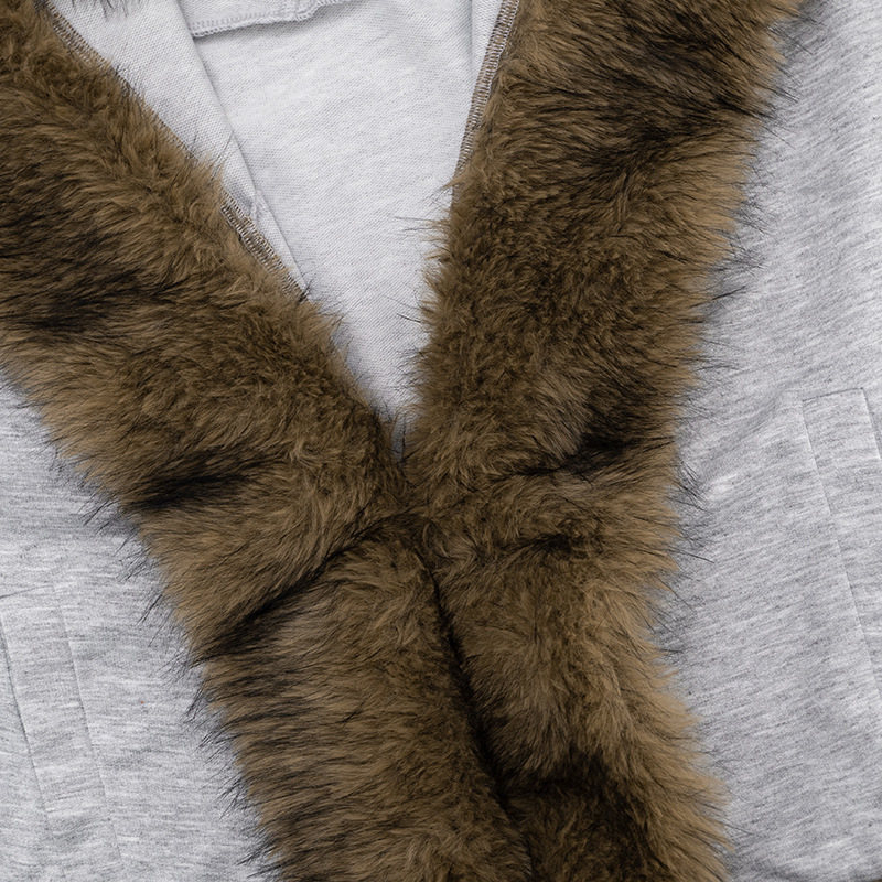 Gray Fur Collar Patchwork Sweatshirt Cardigan