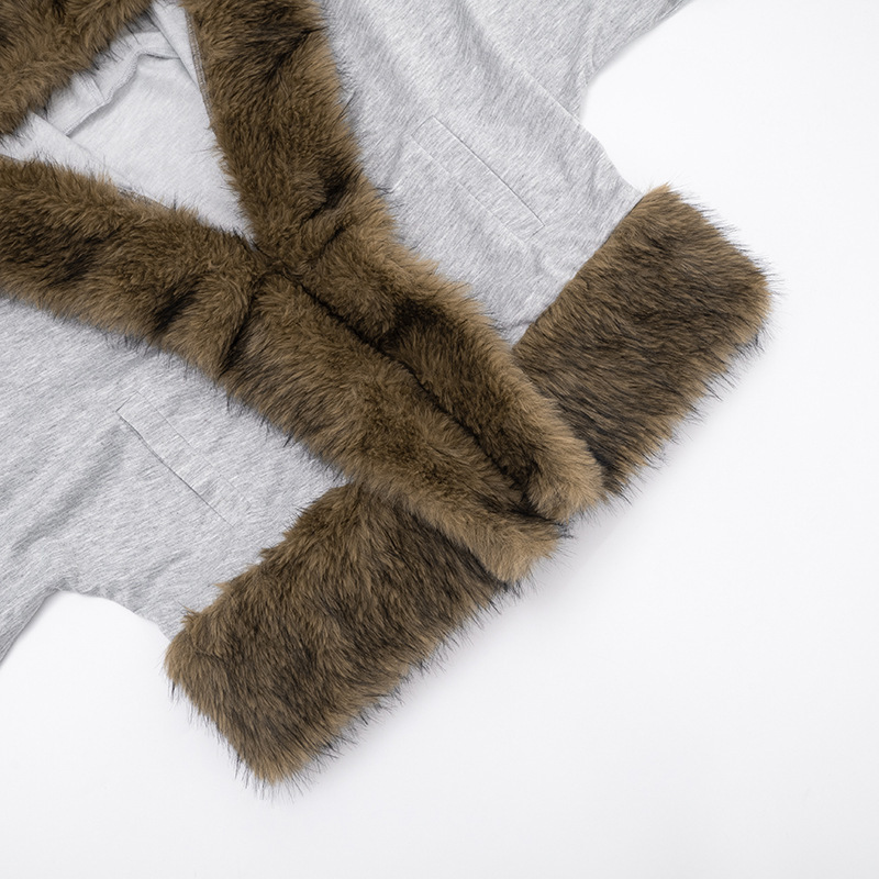Gray Fur Collar Patchwork Sweatshirt Cardigan