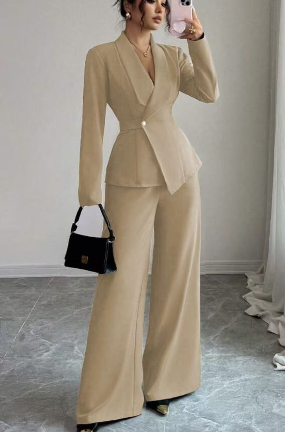 Elegant Pure Color Long Sleeve Straight Leg Pants