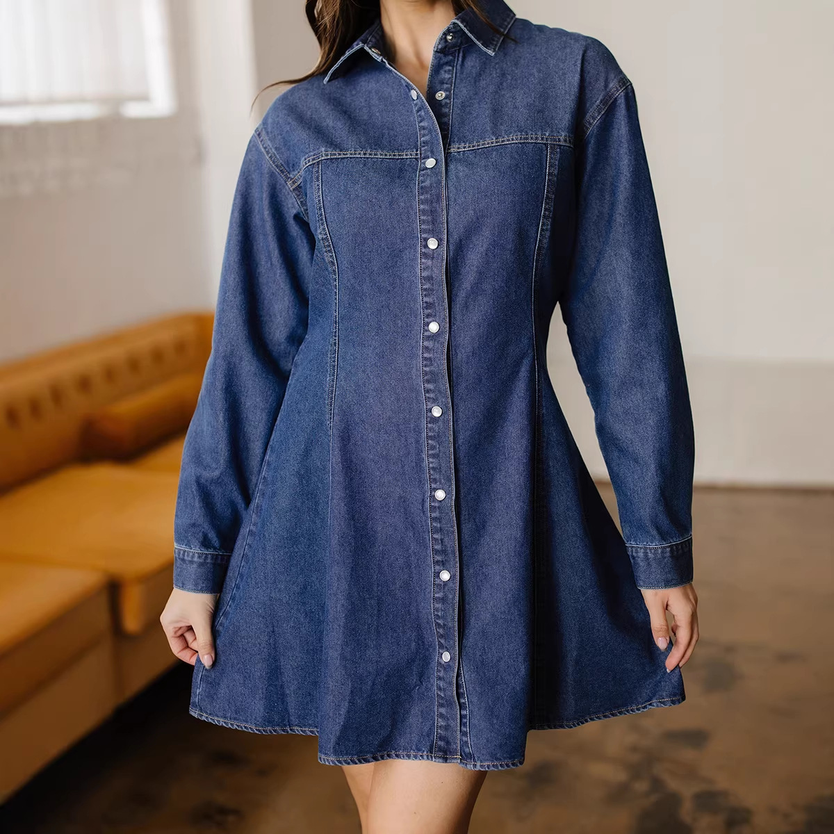 Casual Denim Dress With Long Sleeve And Lapel Neckline