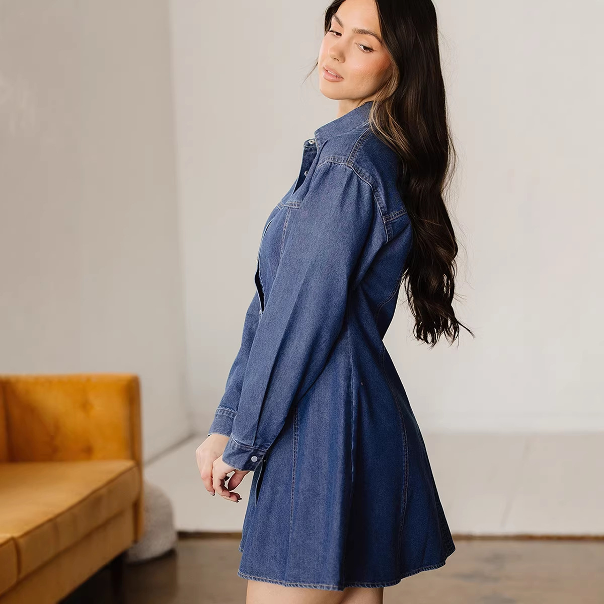 Casual Denim Dress With Long Sleeve And Lapel Neckline
