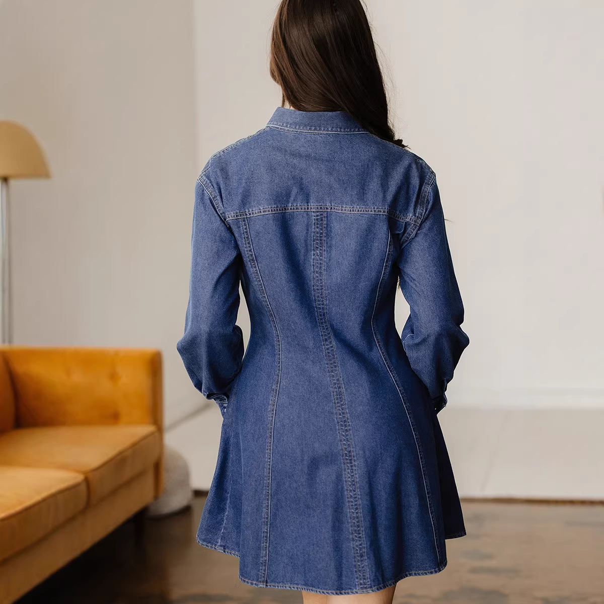 Casual Denim Dress With Long Sleeve And Lapel Neckline