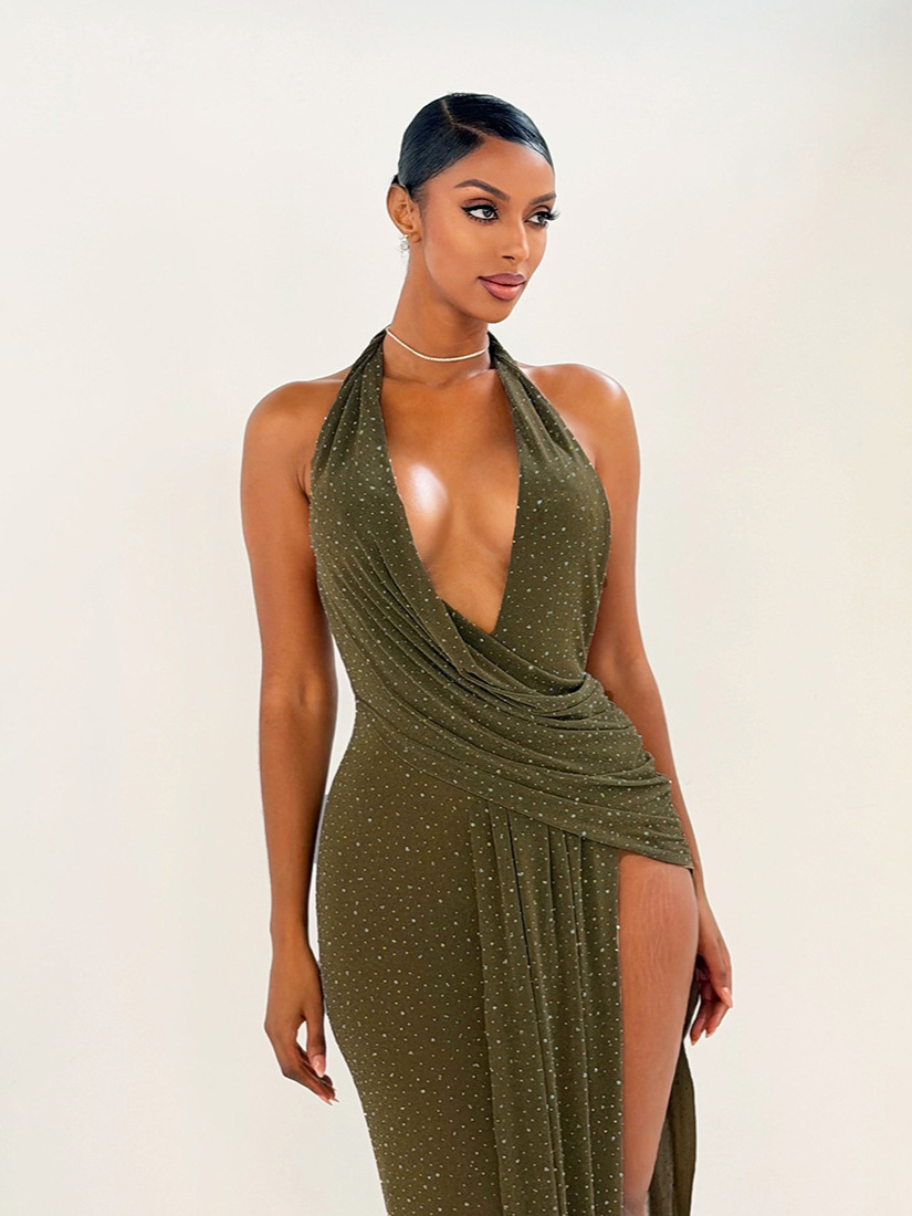 Halter Neck Slit Dress In Elastane Fabric