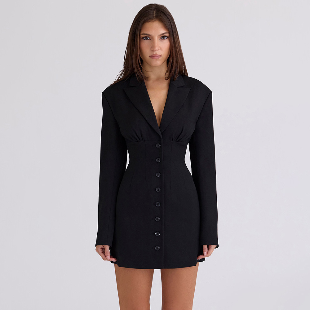 Sexy Suit Skirt Dress With V Neck And Long Sleeve, Featuring 4-Way Stretch Fabric For Meeting