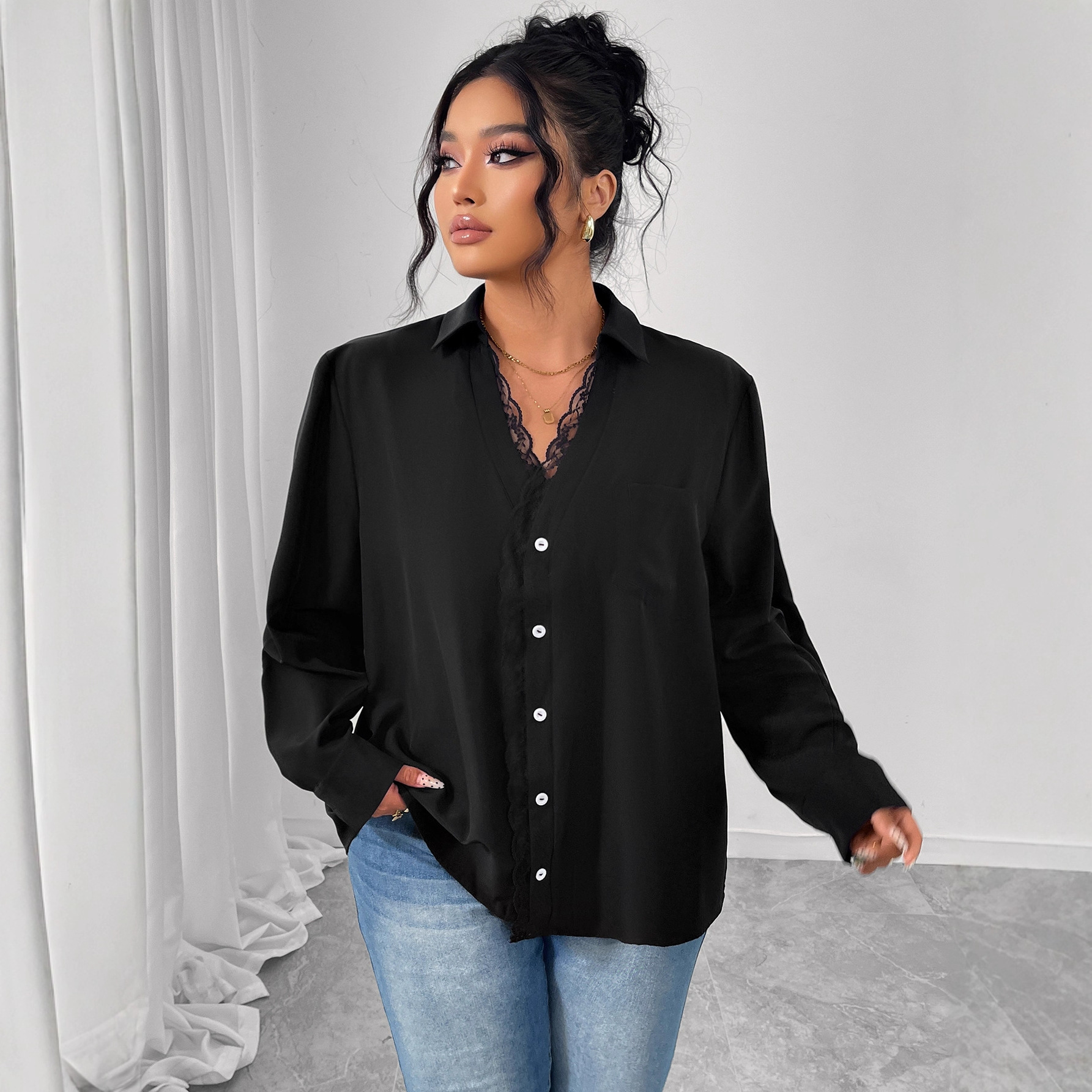 Long Sleeve Chiffon Blouse With Lace Craft