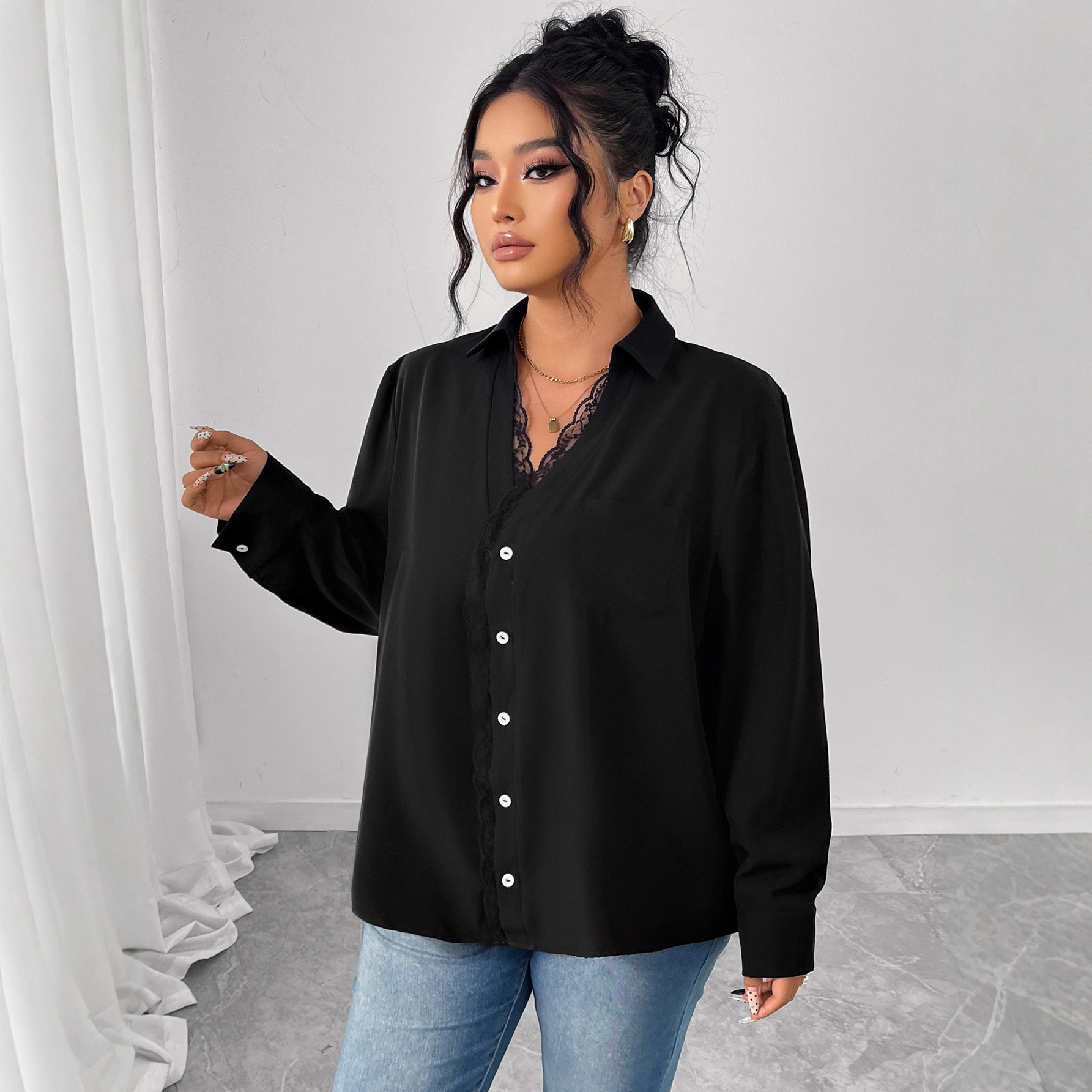 Long Sleeve Chiffon Blouse With Lace Craft